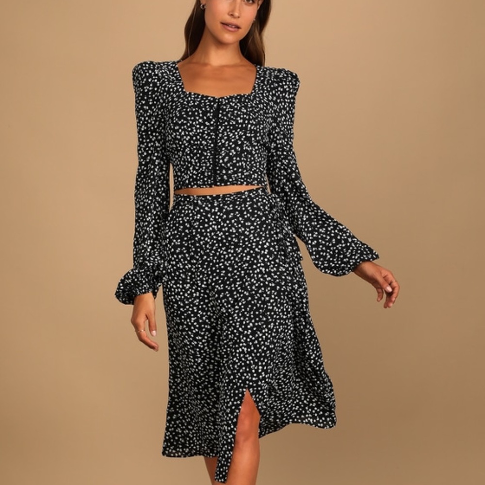 Lulus And Now You're Mine Black Floral Print Wrap Midi Skirt - Size L